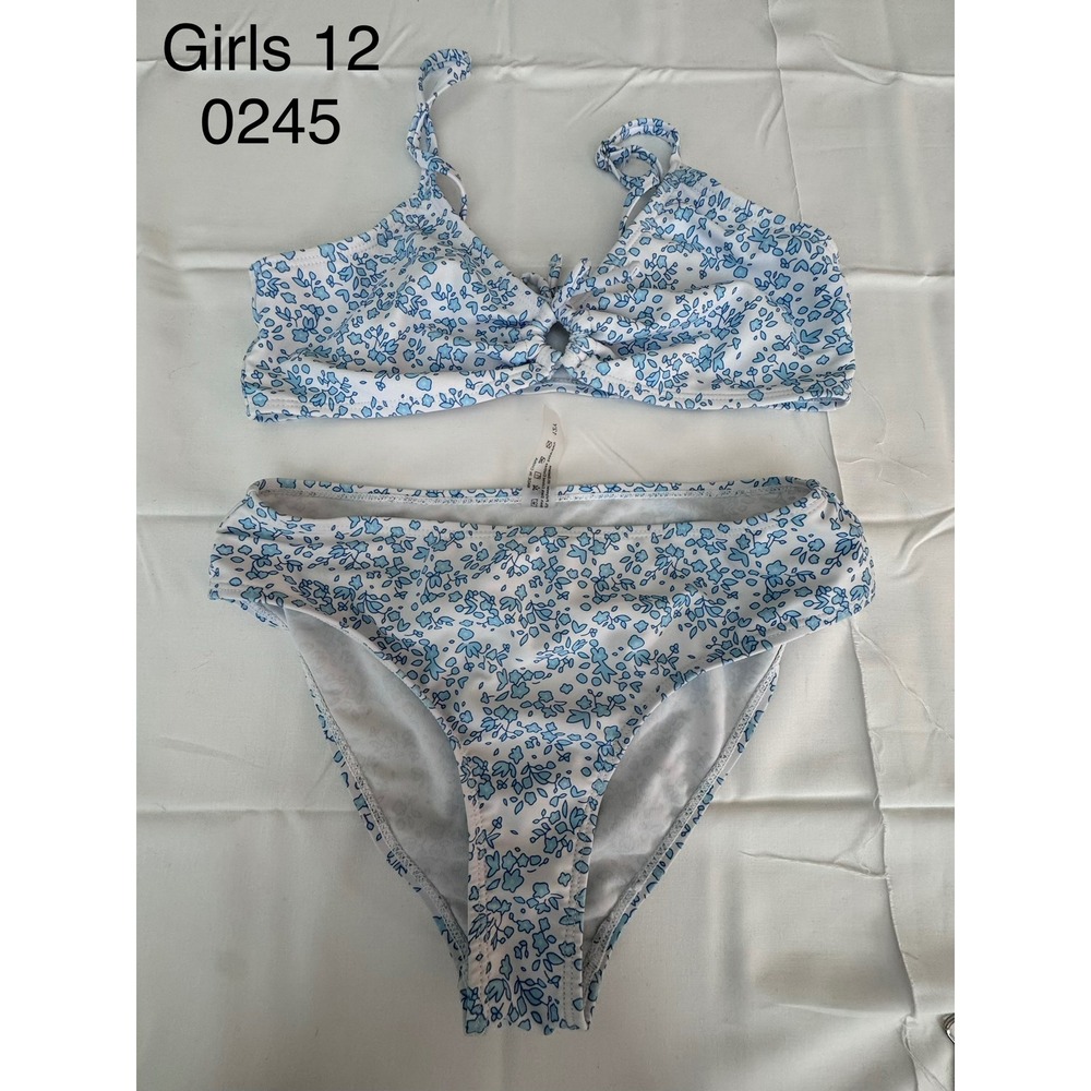 Girls Size 12 Blue White Floral Two Piece Bikini Swimsuit Adjustable Straps 0245